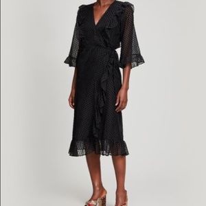Black Ganni Jasmine Midi Wrap Dress / Swiss Dot / Size 38